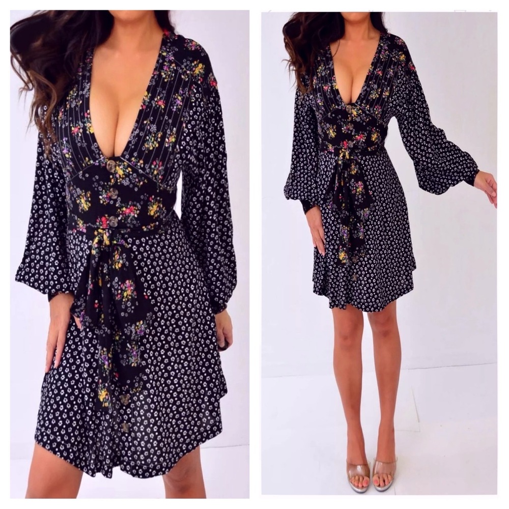 Free People Black Red Green Floral Dress S NWT - Picture 1 of 7